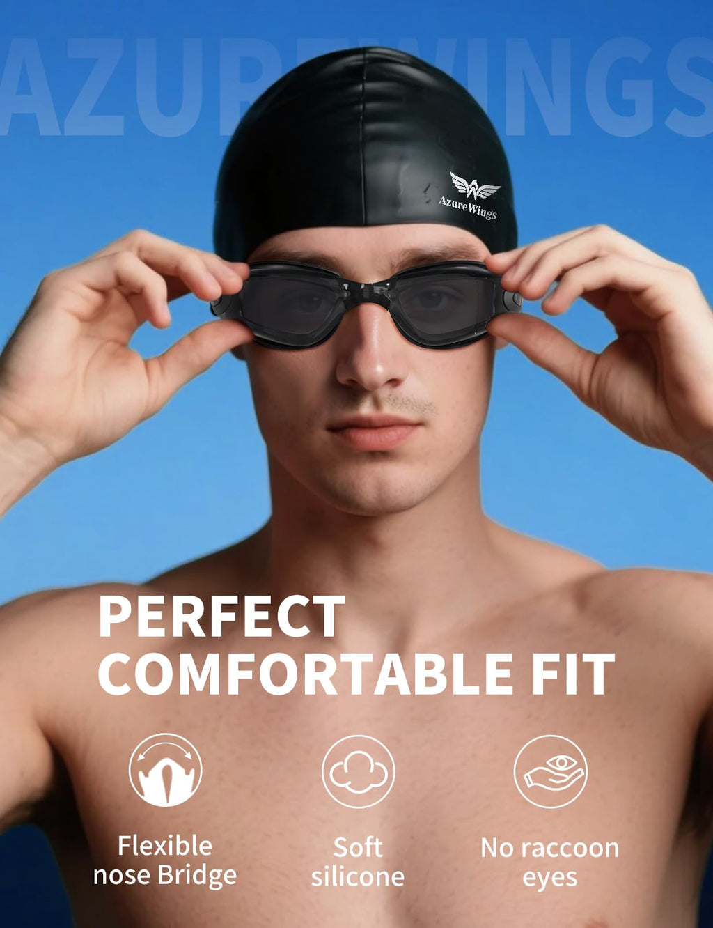 AzureWings 7 in 1 Swim Goggles + Swim Cap for Men Women,No Leak Anti-Fog & UV, Wide Visio HD Mirror PC Lens