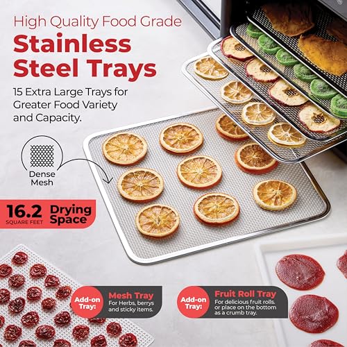 Magic Mill Premium Food Dehydrator with Black 15 XL Stainless Steel Trays, 800W Digital Timer