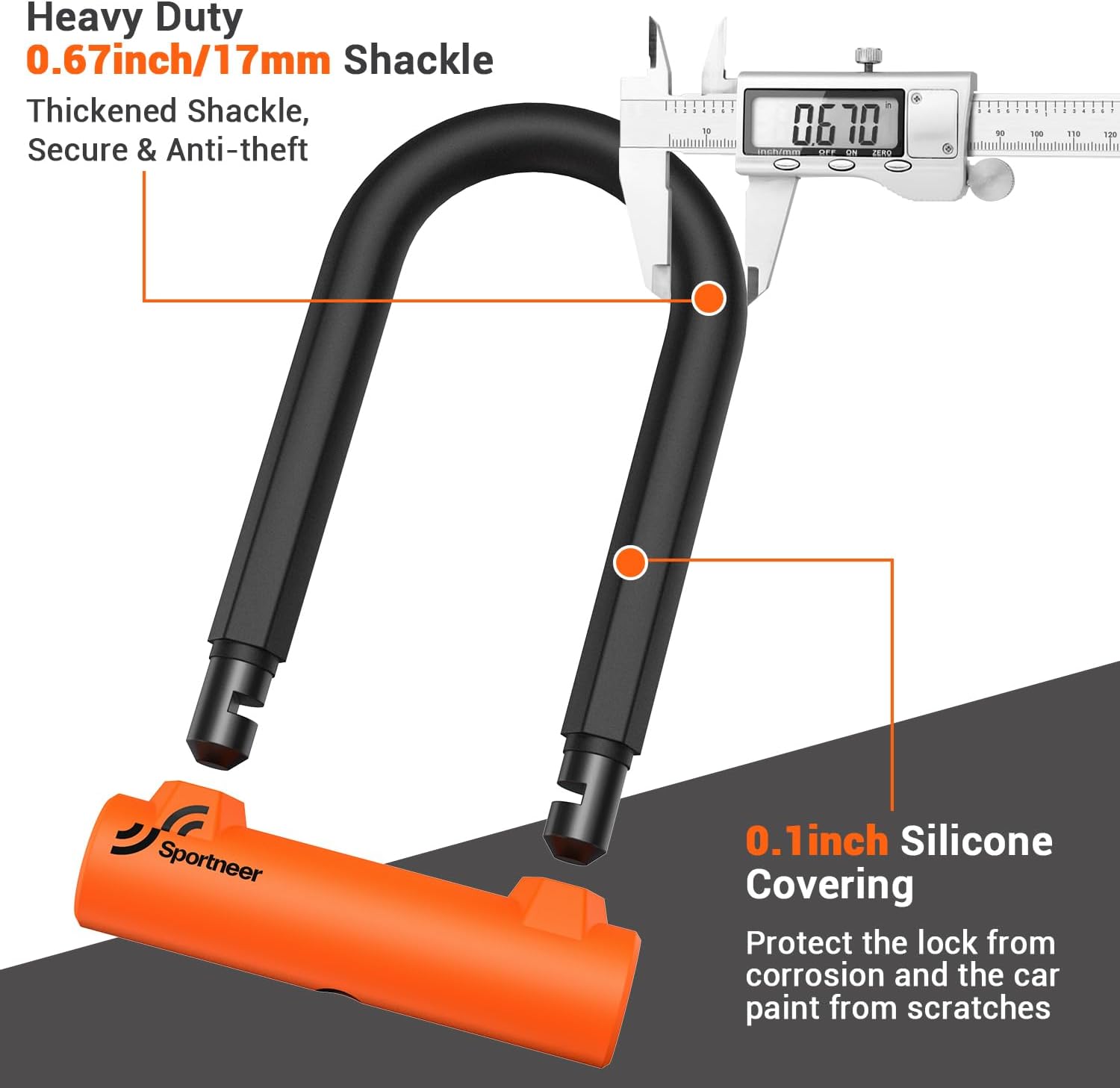 Sportneer Bike U Lock - Heavy-Duty Anti-Theft Lock with 5ft Steel Cable & 17mm Shackle | Orange