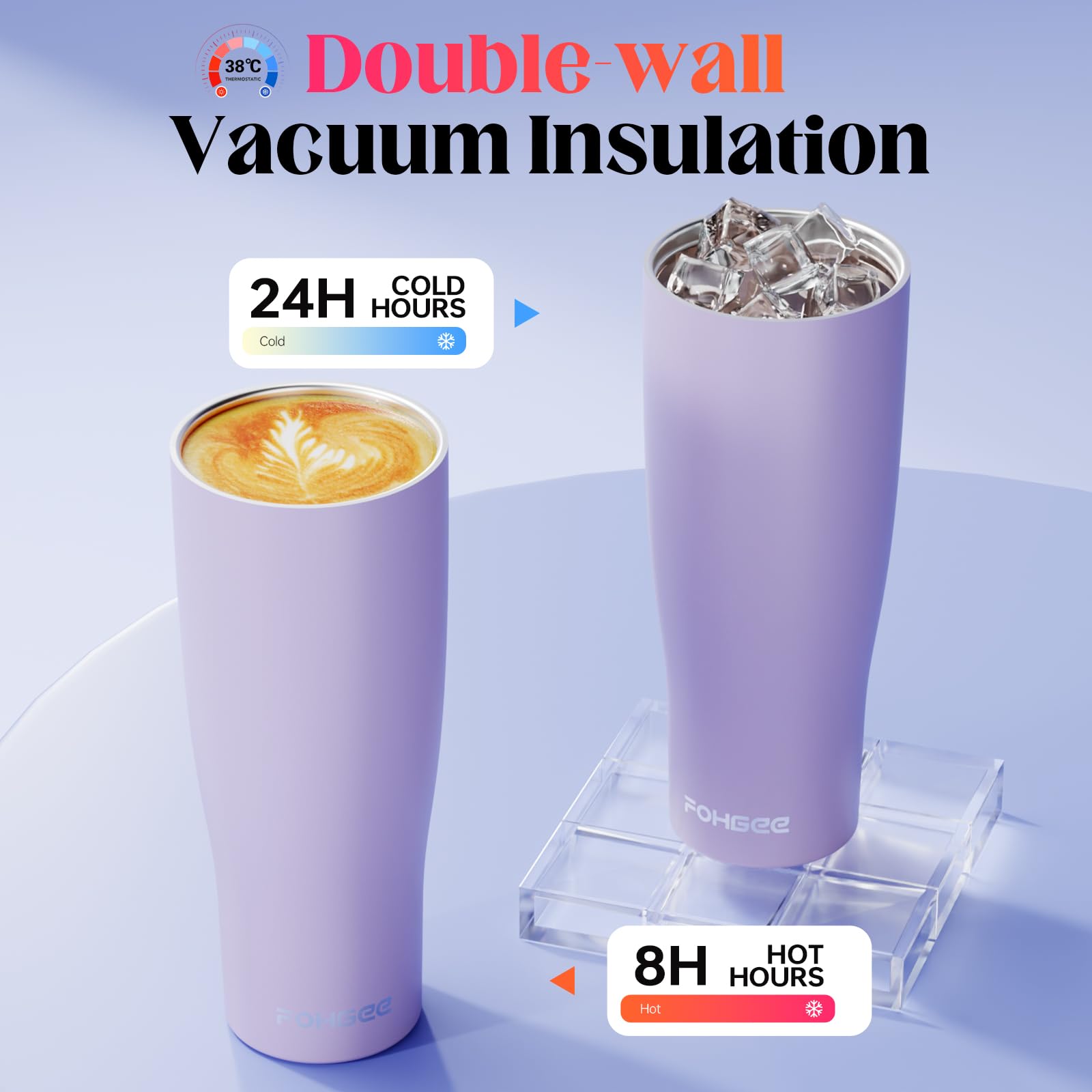 FOHGEE 40oz Insulated Stainless Steel Tumbler with Straw & Carry Loop – Leak-Proof, Spill-Proof, BPA-Free, Dishwasher Safe Travel Mug for Iced Coffee Lovers, Lilac Purple