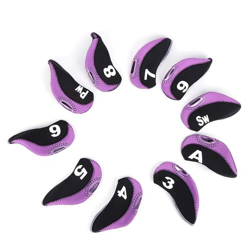Chazcool Number Print Golf Iron Club Head Covers,10Pcs Neoprene Head Cover, Number Golf Club Irons Covers, Black Purple