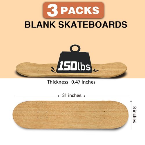 ROKENPOY 3 PCS Blank Skateboard Decks, 8 x 31 inch 7-Layer Maple Double-Tail Skateboard, Ideal for Painting, and Wall Decoration