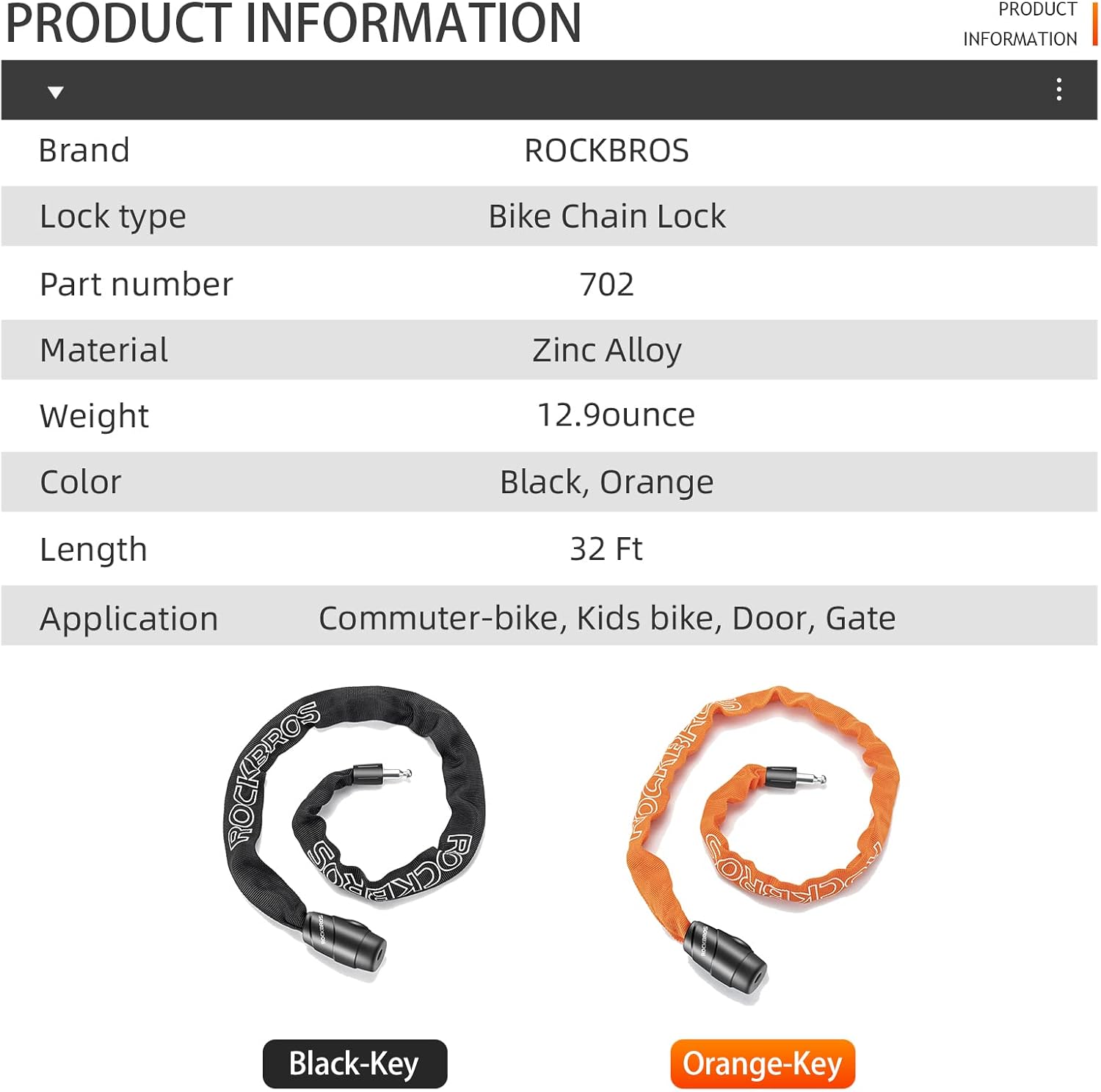 ROCKBROS Heavy-Duty Bike Chain Lock - 3 Ft Long, 5mm Thick, Cut-Proof Security with Key Set