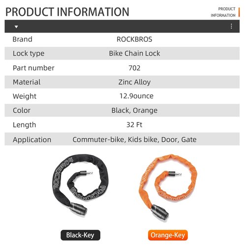 ROCKBROS Bike Chain Lock, Heavy Duty Anti Theft, 3 Ft Long, 5mm Thick Bicycle Lock with Key Set, Cut Proof for Door, Fence