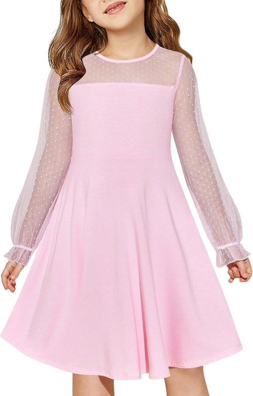 Haloumoning Girls A-Line Short Dress - Contrast Mesh Long Sleeve with Pockets | Sizes 4-14 Years