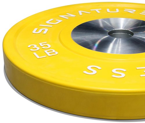 Signature Fitness Fitvids 2" Olympic Competition Bumper Plate with Steel Hub for Strength Training and Powerlifting - Minimal Bounce – 35LBS Single – 35-Pound, Single – Yellow