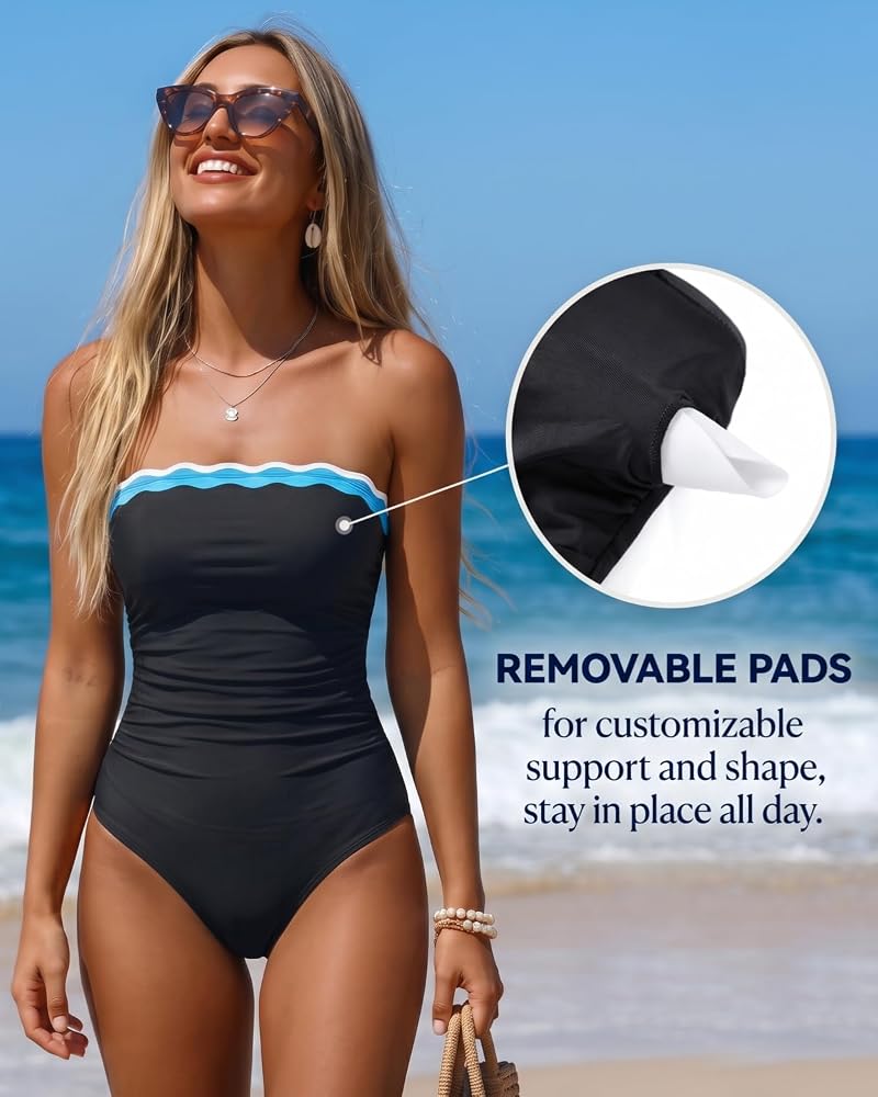 Women’s Strapless One-Piece Swimsuit with Tummy Control - Bandeau, Detachable Straps, Black/Blue/White (Large)