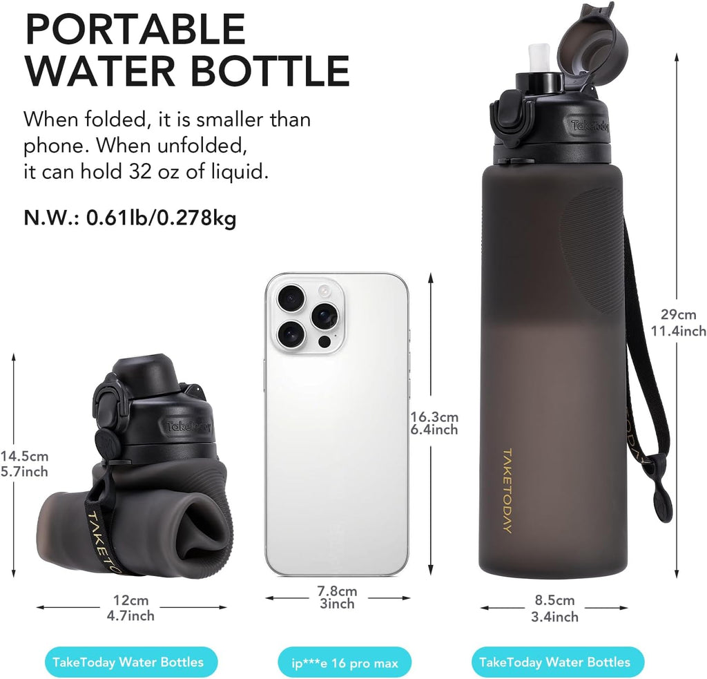 TakeToday Collapsible Water Bottle - 32oz Foldable, BPA-Free & Leakproof for Travel & Hiking