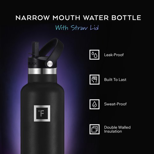 IRON °FLASK Camping & Hiking Hydration Flask with Straw, Narrow Mouth Insulated Stainless Steel Sports Water Bottle - Burgundy 24 oz - Straw (1 Lid)