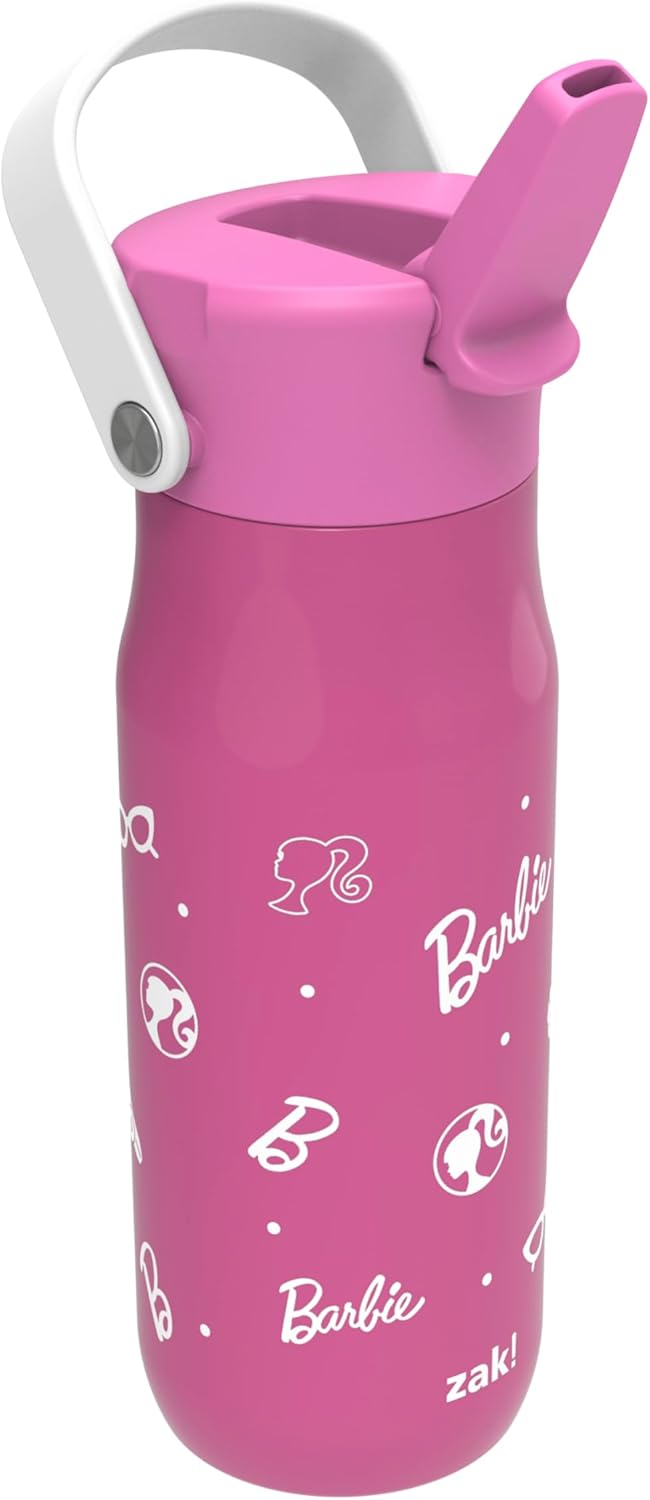 Zak Designs Barbie Water Bottle - 20oz Stainless Steel, Leak-Proof, Vacuum Insulated with Straw Lid & Handle | Pink