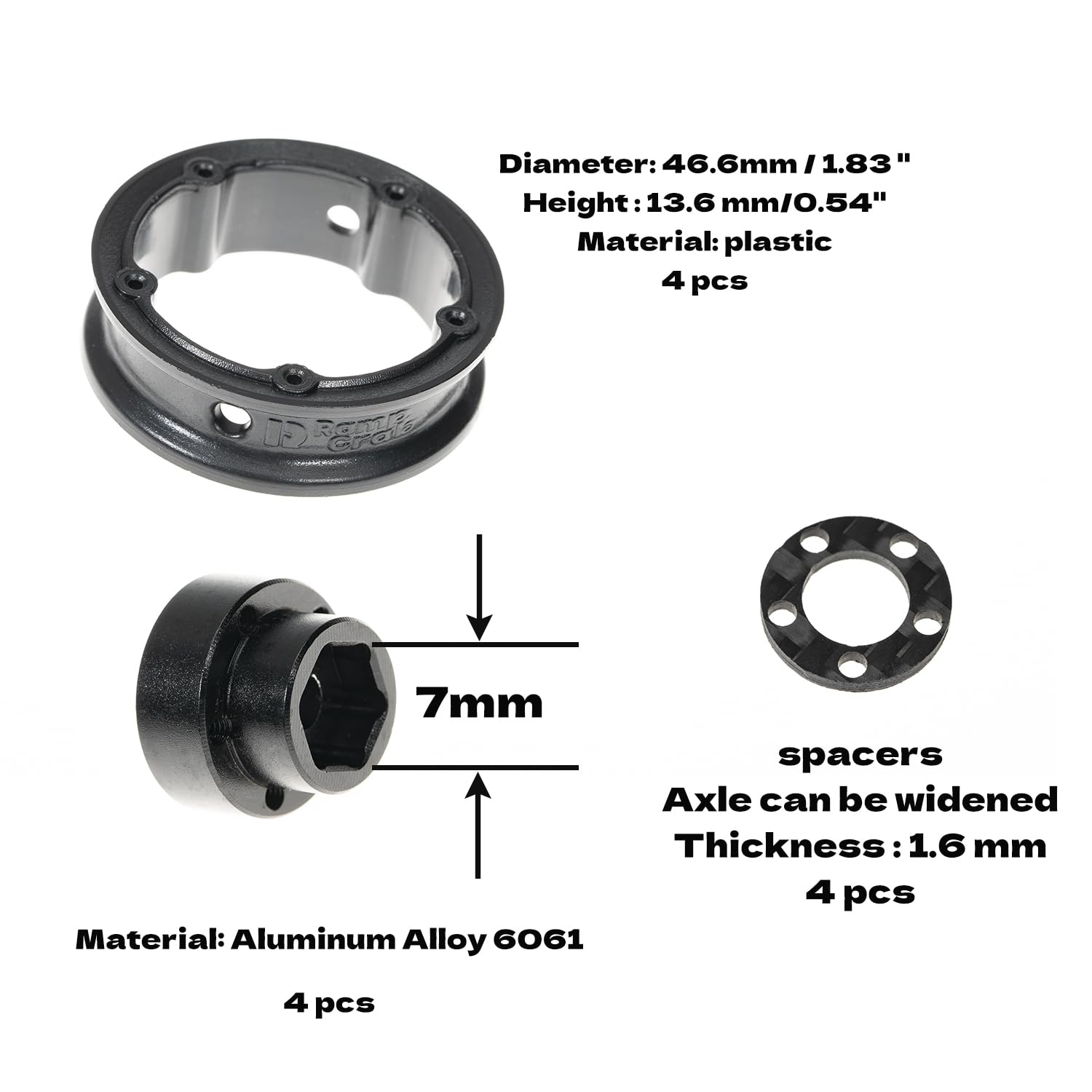 RampCrab 1.8" (46mm) Super Wheels, Carbon fibre Beadlock Wheels, fit for SCX24, TRX4M, FCX24, CR18P, Style E