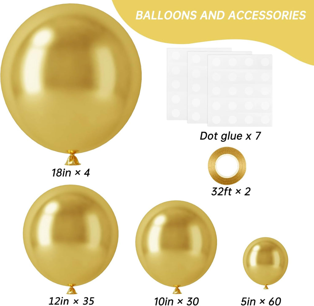 RUBFAC Gold Balloons - 129-Piece Metallic Balloon Garland Kit for Graduation, Weddings & Birthdays | Various Sizes 5-18 Inch