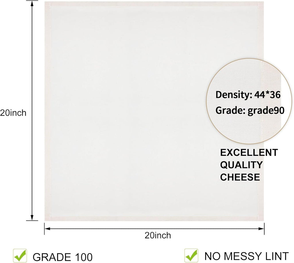Skiennix Reusable Cheesecloth - Grade 100, 20x20 Inch Unbleached Cotton Strainer for Cooking & Baking