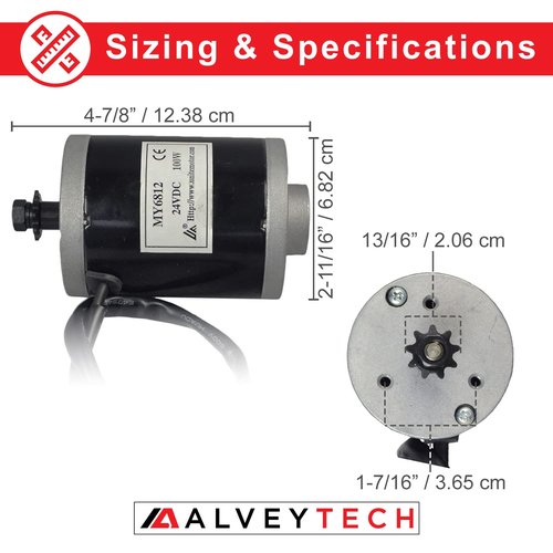 AlveyTech 24V 100W MY6812 Electric Motor with 9 Tooth #25 Chain Sprocket - Chain Drive for Razor E100/E125 (Versions 5+), E150/E175/eSpark/Trikke (All Versions) & Pulse Charger, Reverb, and Revster