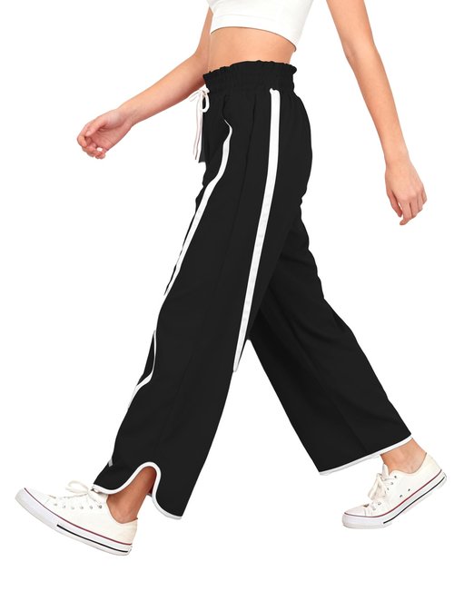 Enaisyl Women's High Waist Wide Leg Pants Striped Elastic Waist Track Pants Y2K Lightweight Baggy Streetwear with Pockets Black