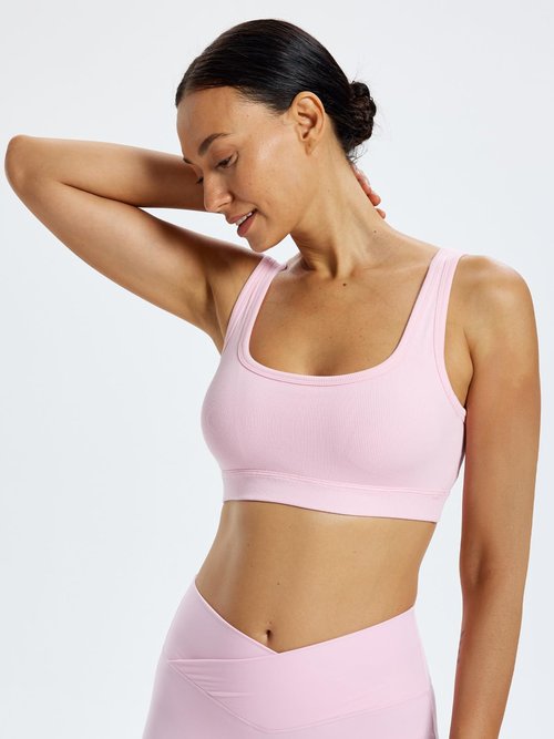 Omwilddo Ribbed U Back Sports Bra for Women Padded Cotton Blend Light Support Soft Yoga Bralette Moisture Wicking Cami Light Pink M