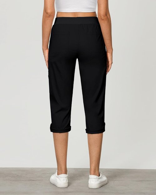 GRAPENT Capri Cargo Pants - High Waisted, Stretch Twill with Pockets | Comfortable Fold Hem Design
