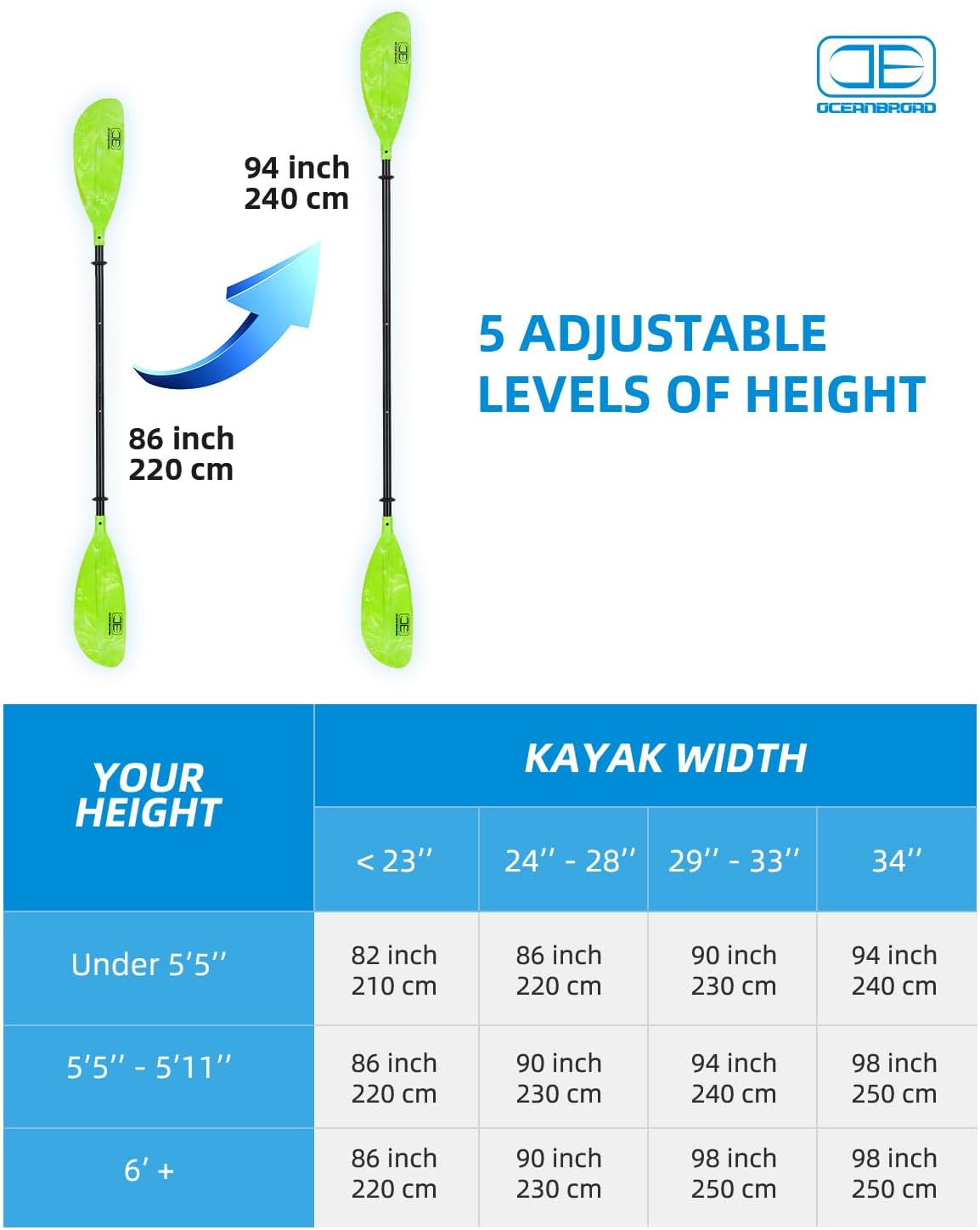 OCEANBROAD Adjustable Kayak Paddle - 86in to 94in | Lightweight Canoeing Oar with Paddle Leash