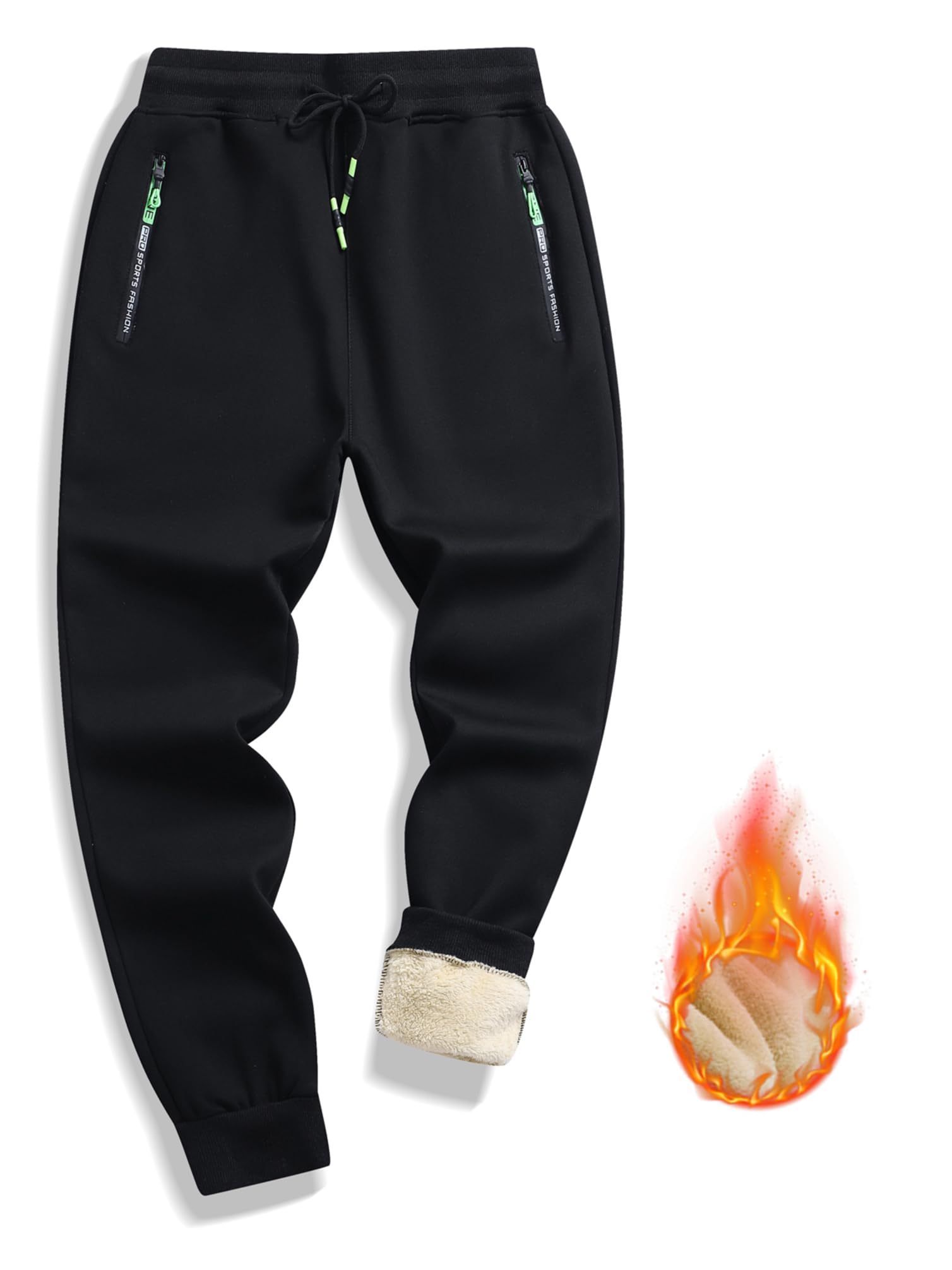 STICKON Fleece Sweatpants Men Winter Warm Sherpa Lined Joggers Track Sweat Pants with Zipper Pockets Black L