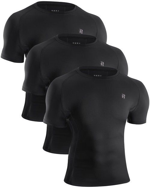 Runhit 3 Pack Short Sleeve Compression Shirts for Men Athletic Workout T Shirt Quick Dry Sports Base Layer Undershirt Top for Gym Running Black 3XL