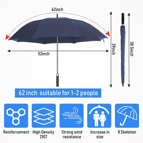 Jexine 10 Pcs Large Automatic Open Golf Umbrella 62 Inch Double Canopy Rain Umbrella Windproof Waterproof Heavy Duty for Men Women Family Travel Sports (Dark Blue)