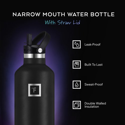 IRON °FLASK Camping & Hiking Hydration Flask with Straw, Narrow Mouth Insulated Stainless Steel Sports Water Bottle - Dark Pine 32 oz - Straw (1 Lid)