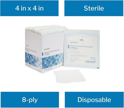 McKesson Sterile Woven Gauze Sponges - 8-Ply, 100% Cotton, 4" x 4", 50 Packs (100 Total)