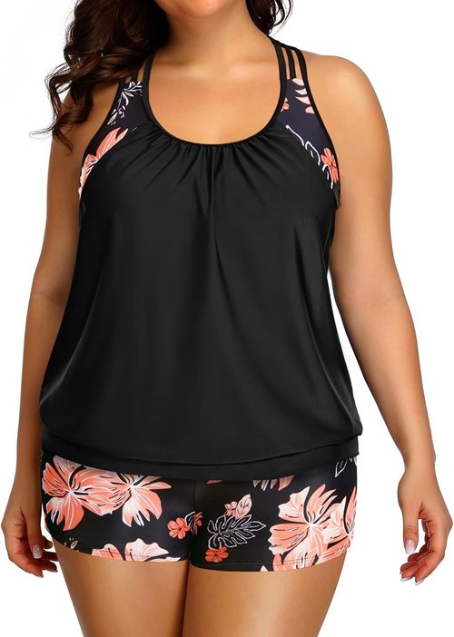 Holipick Plus Size Tankini Swimsuit - Tummy Control Blouson Top with Shorts | Stylish & Comfortable