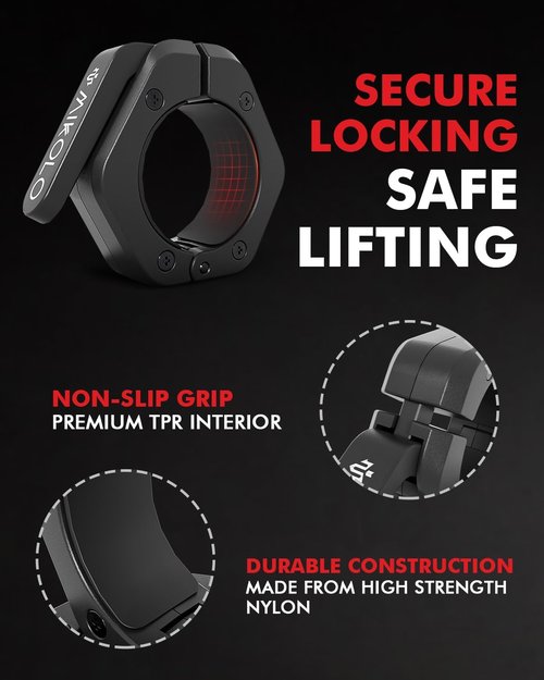 Mikolo Barbell Clamps - 2-Inch Olympic Clips with Anti-Slip TPR Lining & Quick Release for Gym Use