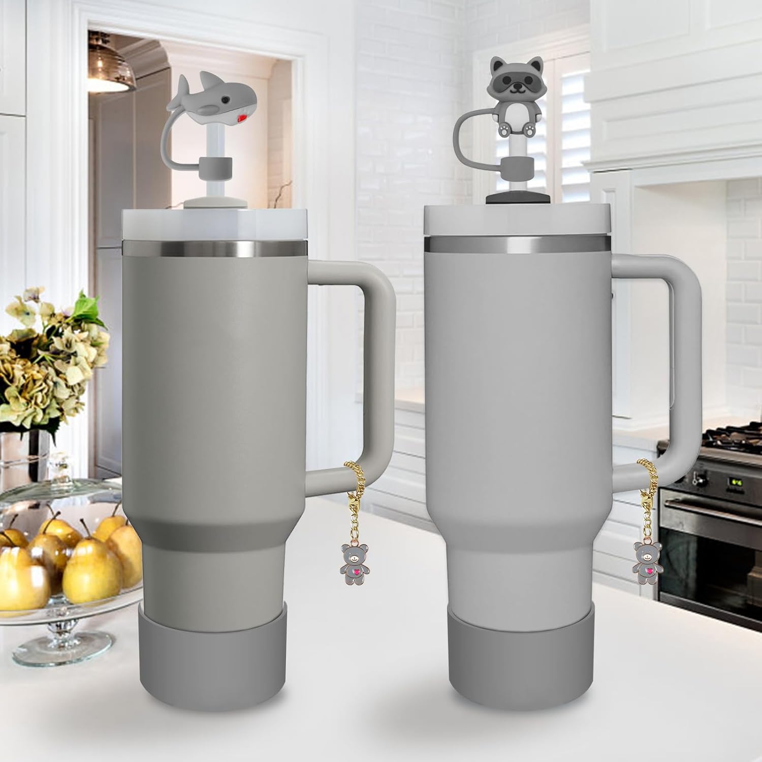 Stanley Cup Accessories Set - 2 Straw Covers, Silicone Stopper & Handle Charm | Fits 30 & 40 Oz Tumblers (Grey)