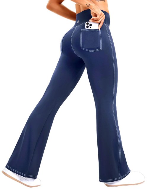 DemonQueen Women's Flare Yoga Pants，High Waisted Tummy Control Fitness Yoga Pants，Bootcut Pants for Women (US, Alpha, X-Large, Regular, Regular, Navy-Blue-White Line)