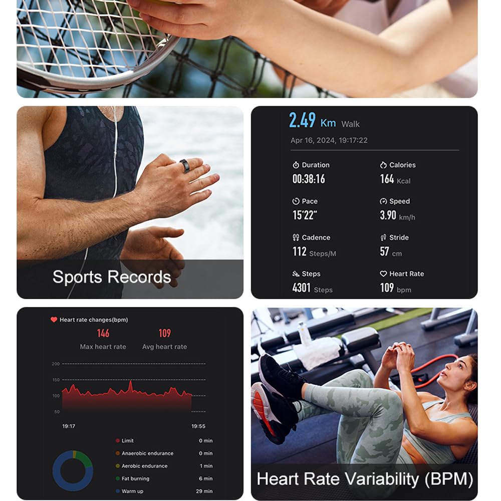SM SEVENMORE Curved Design Smart Ring Fitness Tracker, Gesture Remote Control Activity Sport Record Sleep Quality Heart Rate SpO2 Skin Temperature Monitoring (Black, #9)
