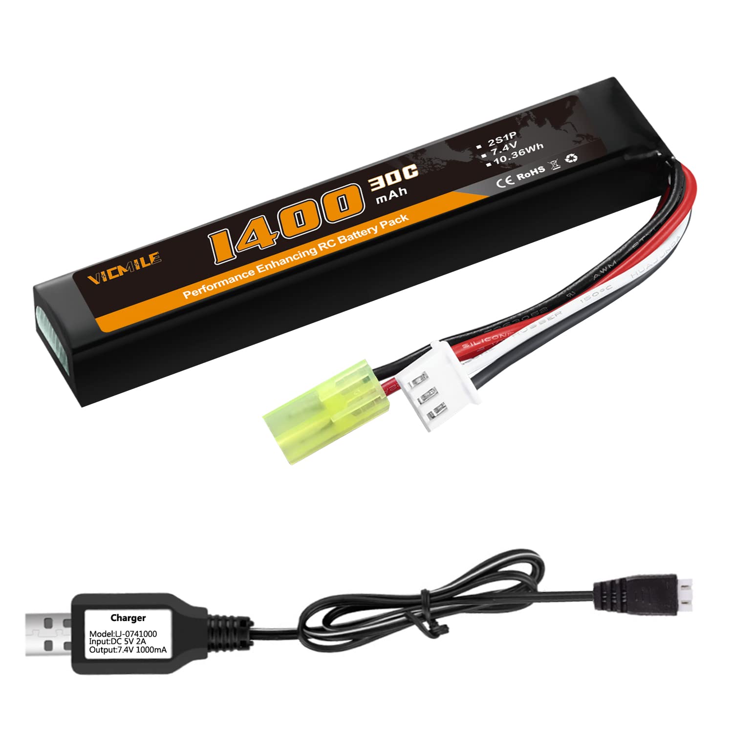 VICMILE Airsoft Battery 1400mAh 7.4V Lipo Battery with Tamiya Plug 30C High Discharge Rate Rechargeable 2S Lipo Battery for Airsoft Model Guns