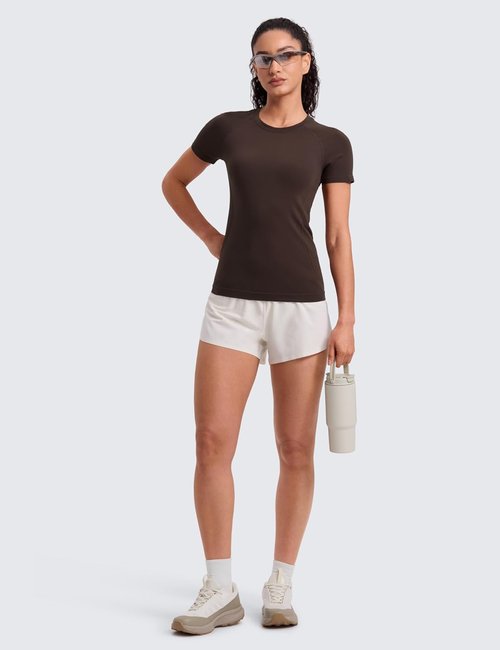 CRZ YOGA Seamless Workout Tops - Breathable Short Sleeve Athletic Tees for Women | Hip Length Gym & Yoga Shirts