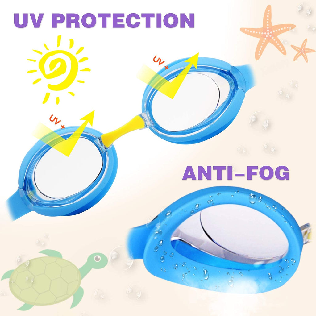 Keary 2 Pack Kids Swim Goggles Swimming Goggles for Toddler Children Girls Boys Youth, Anti-Fog Waterproof UV Protection Crystal Clear Flat Lens Water Pool Goggles with 3 Nose Piece, Kids Goggles 3-9