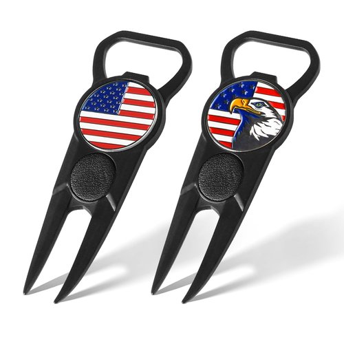 FINGER TEN Golf Divot Repair Tool and Ball Marker 7-in-1 Value 2 Pack, Premium Leather Grip Tools with Belt Clip, Club Tee, Club Groove Cleaner, Bottle Opener, Putting Alignment Guide (Black)