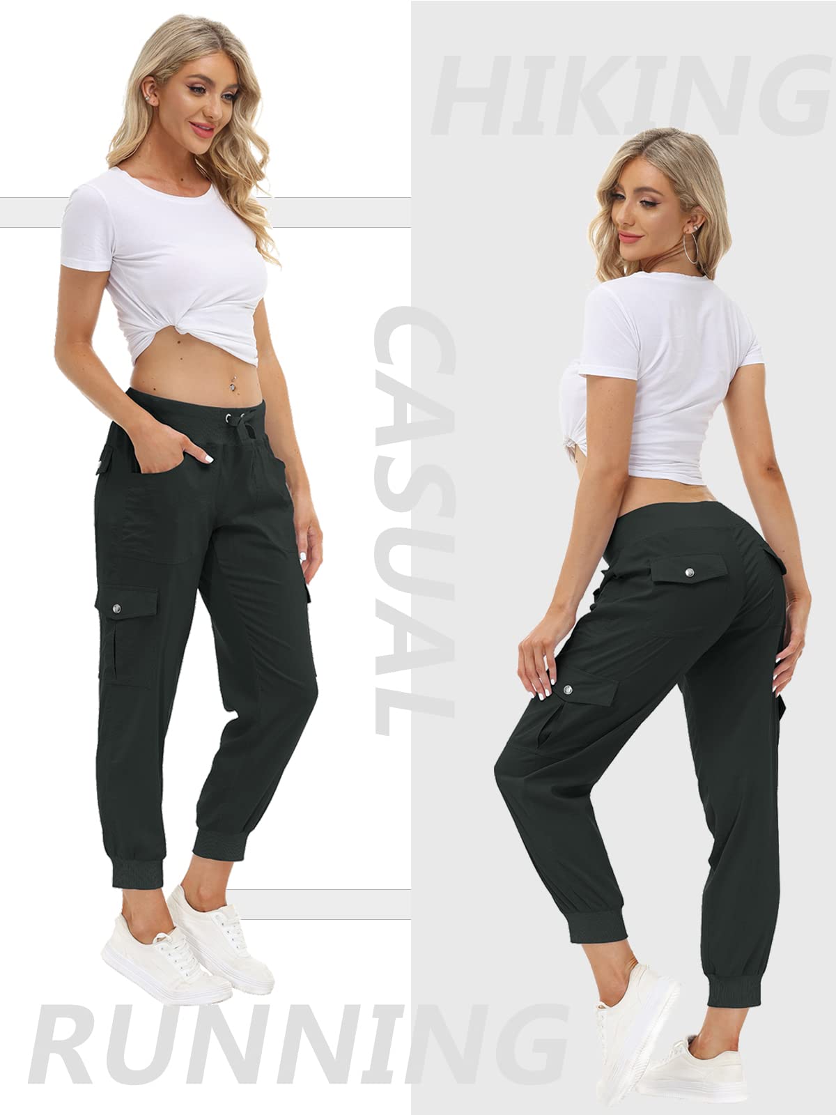 MoFiz Women Cargo Pants with Pockets Lightweight Outdoor Summer Travel Casual Hiking Pants Running Joggers Sweatpants Elastic Waist Dark Grey 3XL