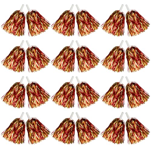 Cheerleading Pom Poms Set - Red and Gold, Metallic Foil, 24 Pieces