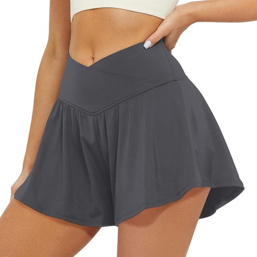 FireSwan Women's Crossover Athletic Shorts - 2 in 1 Flowy Running Skorts with Pockets