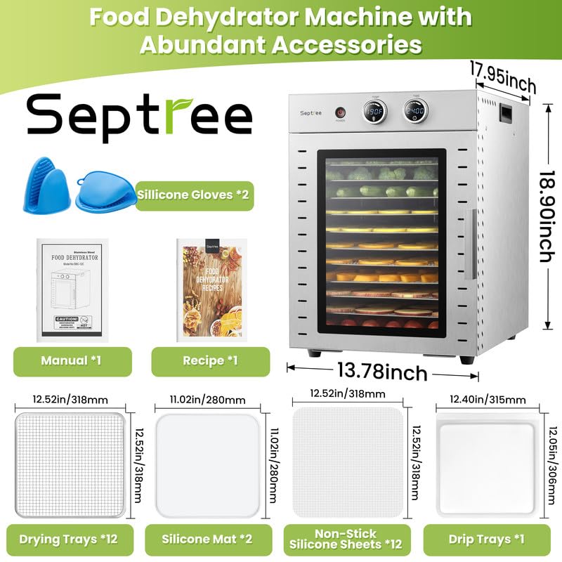 Septree Ancient Silver Food Dehydrator with 12 Stainless Steel Trays, Adjustable Temp & Timer