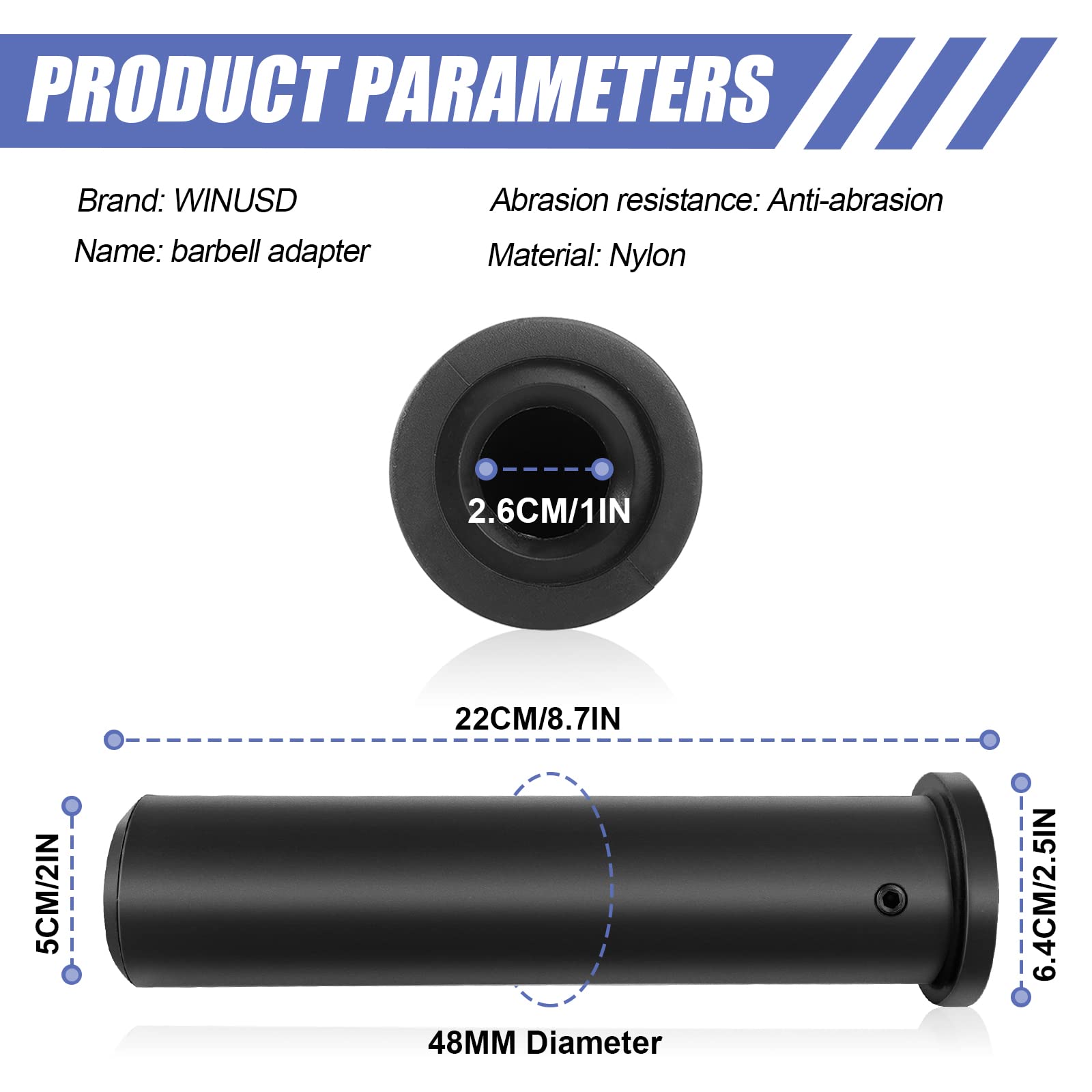 WINUSD 2Pcs Nylon Olympic Adapter Sleeve 8- Converts 1" Standard Weight Plate Posts to 2- Olympic Weight Plate PostsIncludes Removable end Cap and Allen Key