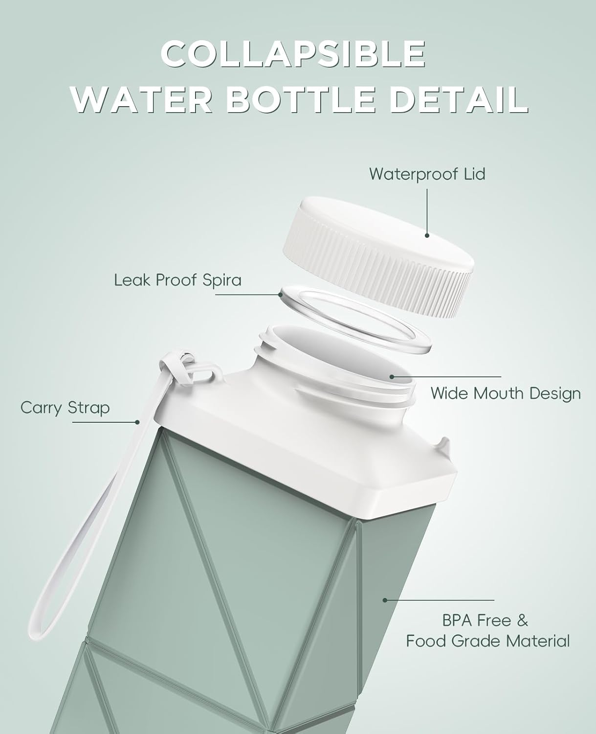 Skiennix Collapsible Water Bottle - 17.4oz Leakproof BPA-Free Travel Bottle | Lightweight Sage Green