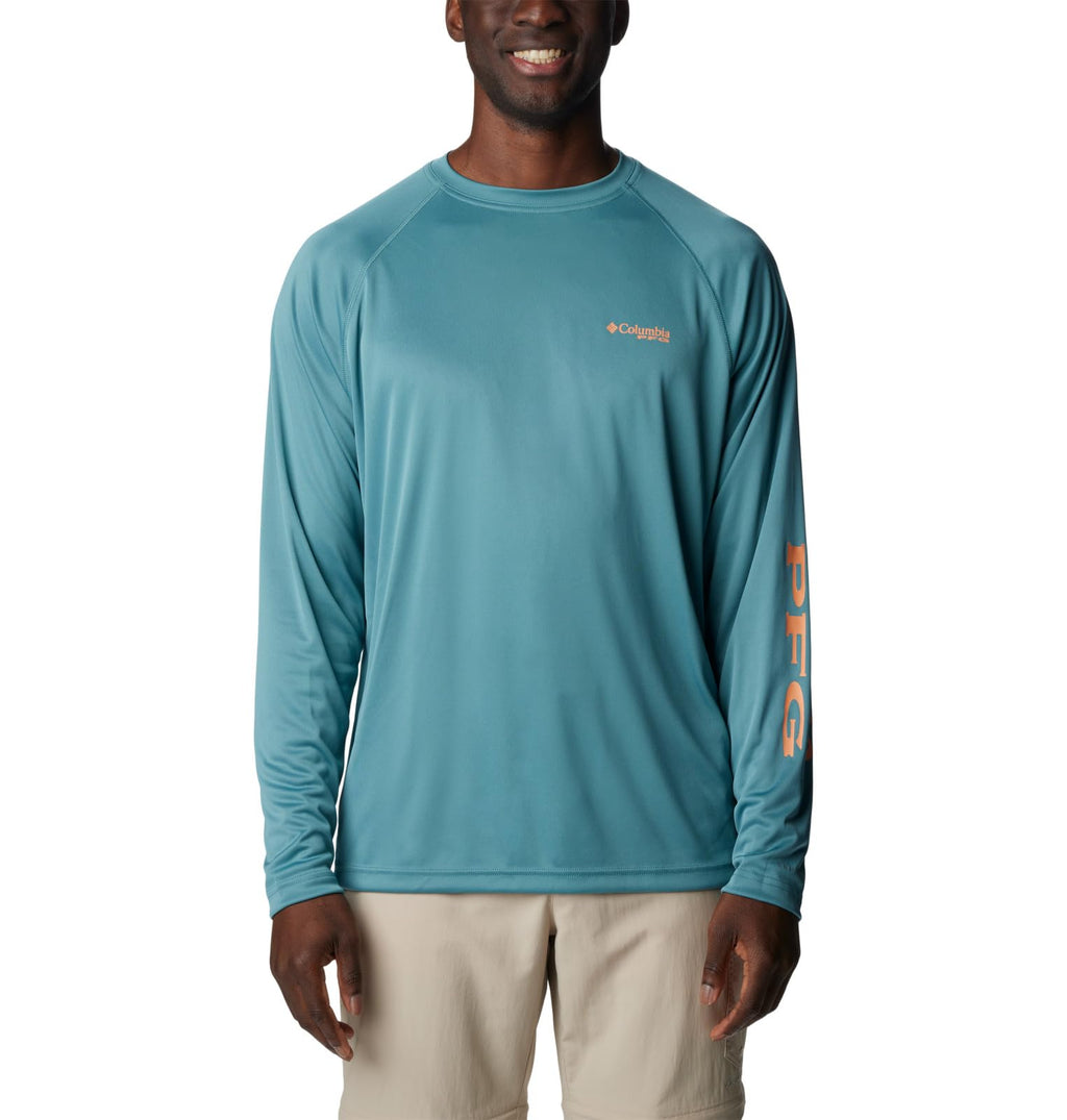 Columbia Men's Terminal Tackle Long Sleeve Fishing Shirt, Tranquil Teal/Orange Reef Logo, Large