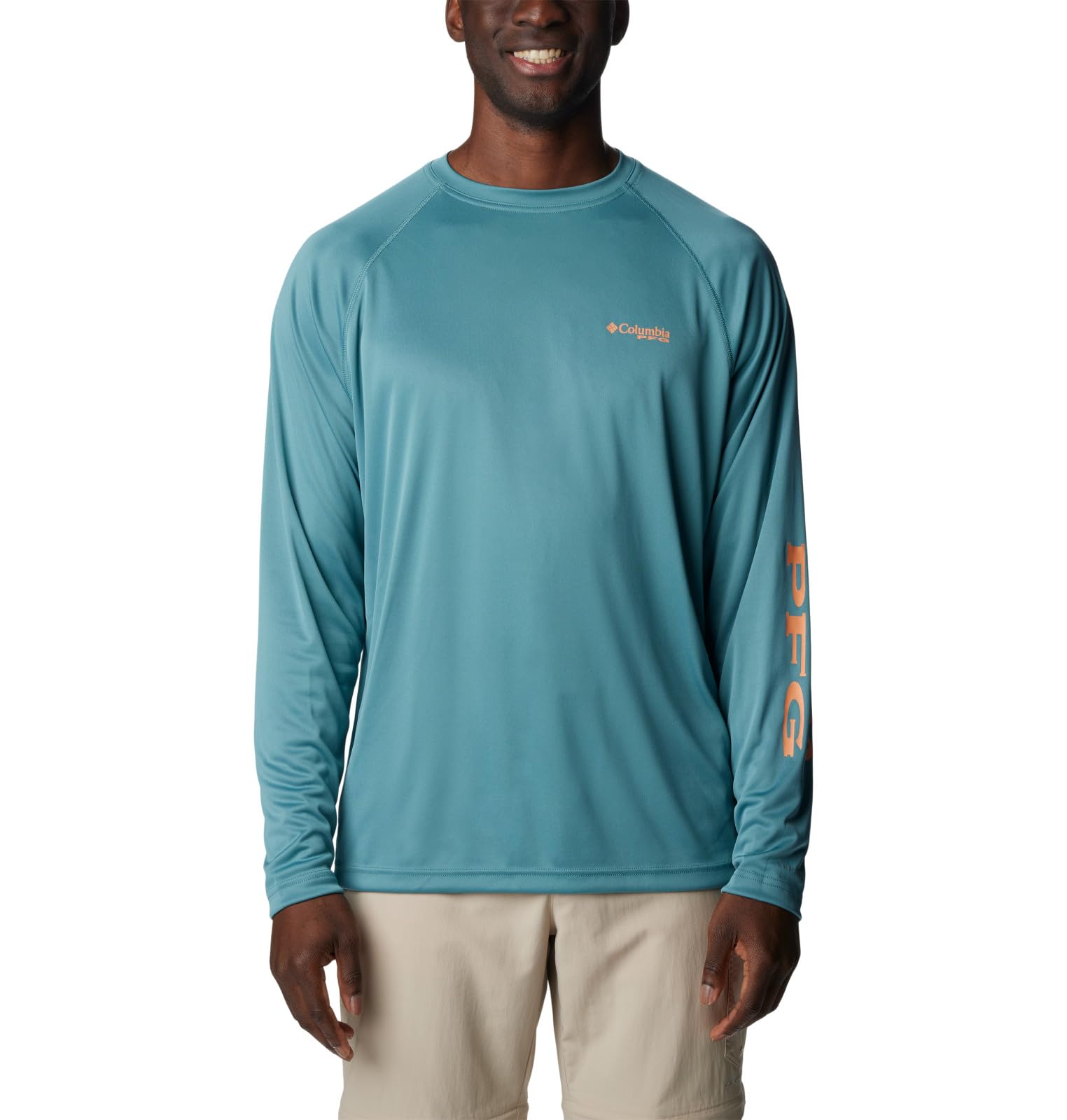 Columbia Men's Terminal Tackle Long Sleeve Fishing Shirt, Tranquil Teal/Orange Reef Logo, Large