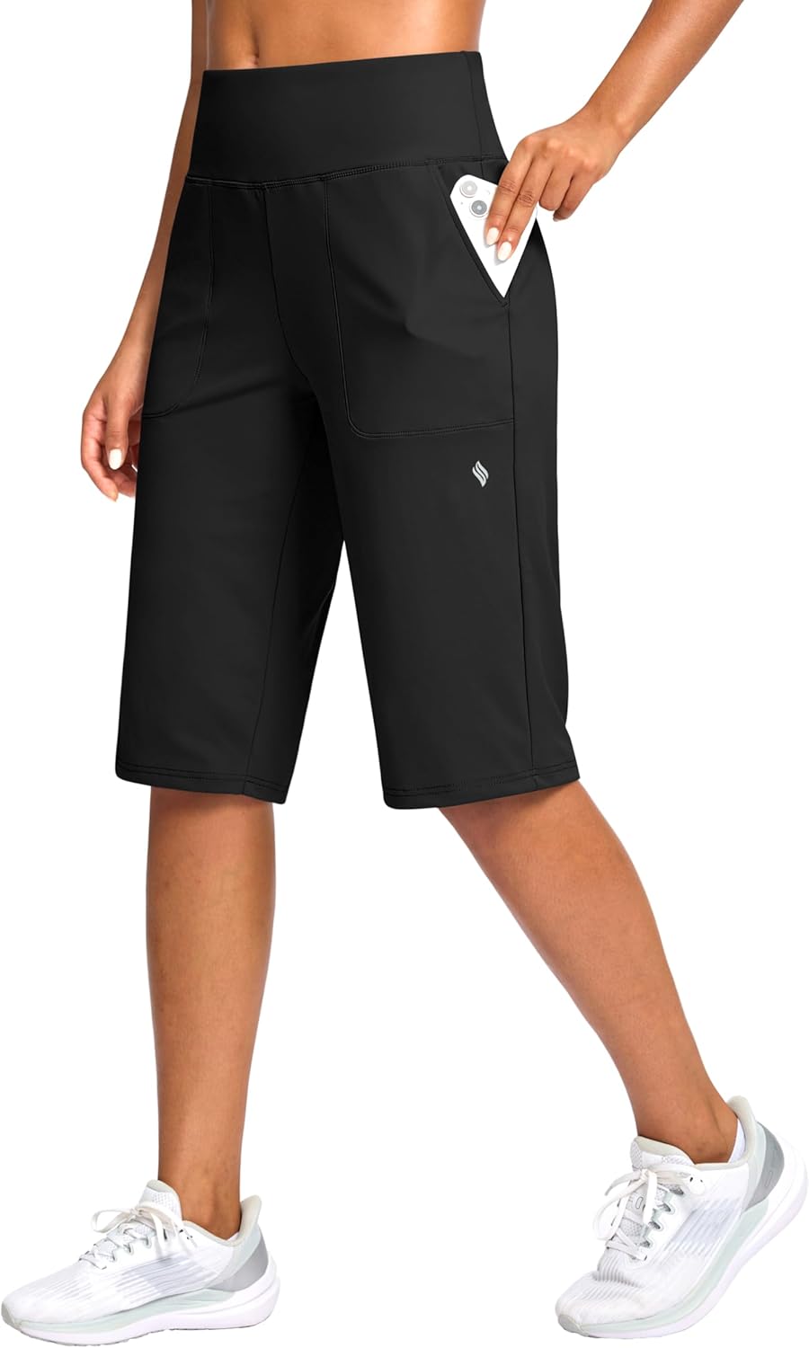 SANTINY 14" Women's Knee-Length Shorts - High-Waisted Stretch Bermuda with Pockets for Summer Casual