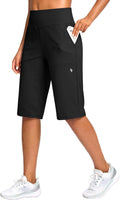 SANTINY 14" Women's Knee-Length Shorts - High-Waisted Stretch Bermuda with Pockets for Summer Casual