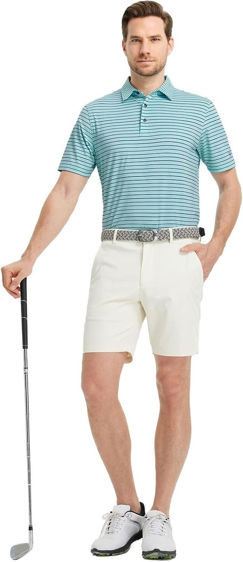 M MAELREG Golf Shirts for Men - Moisture-Wicking Striped Polo | Performance Dry Fit Short Sleeve