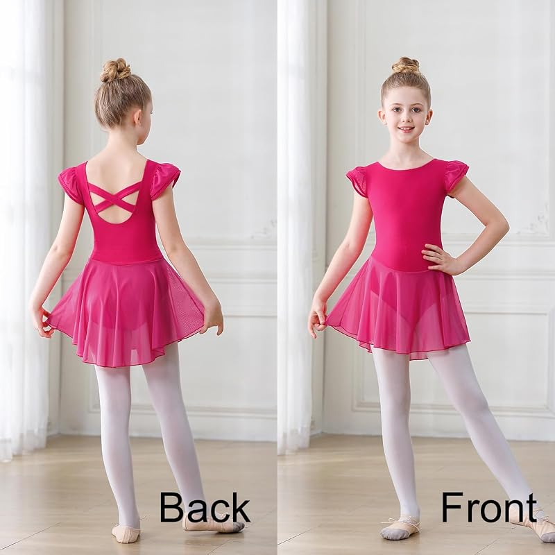 DIPUG Girls Ballet Leotard with Skirt - Flutter Sleeve, Criss-Cross Back, 4-6 Years - Rose
