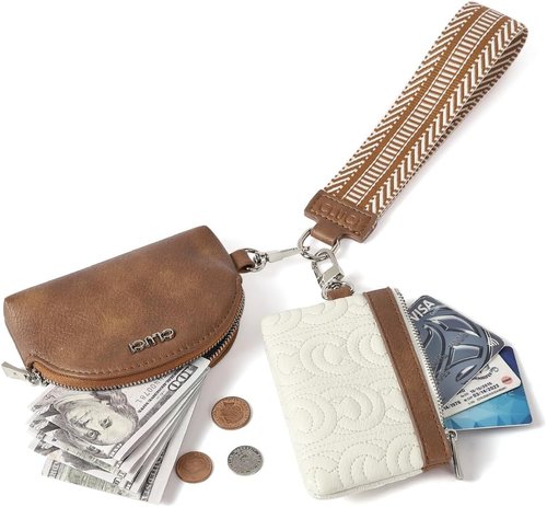 CLUCI Keychain Wallet - PU Leather Coin Purse with Detachable Dual Pouch - Beige & Brown