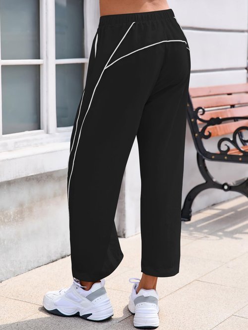 Fisoew Womens Baggy Wide Leg Pants Casual Elastic Waist Drawstring Hiking Workout Cropped Track Pants with Pockets Black